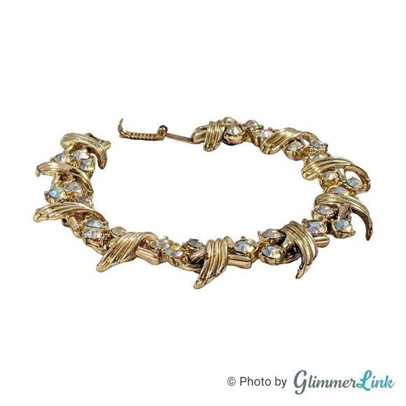 Vintage 1960s Aurora Borealis AB Rhinestone Floral Gold Tone Bracelet - Picture 3 of 10
